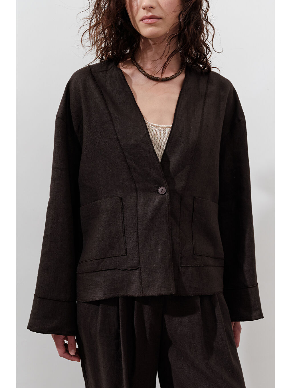 Kahverengi Keten Tek Düğmeli Bluz Acı Kahve-2