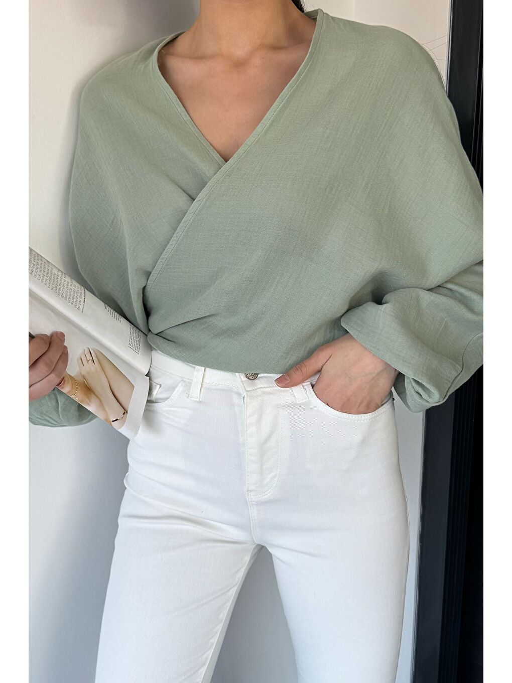 Yeşil Kadın Yarasa Kol Ön Bağlamalı Bluz-2