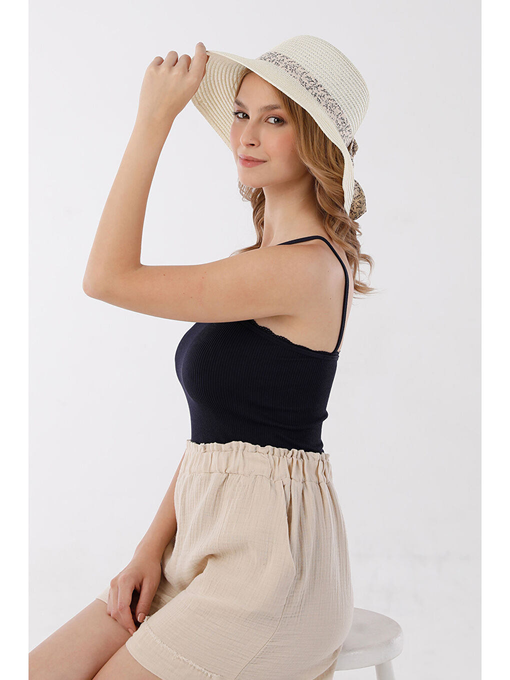 Ekru Kurdeleli Hasır Şapka-2