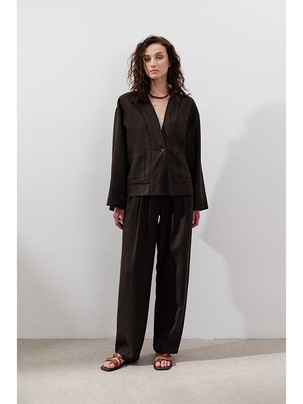 Kahverengi Keten Tek Düğmeli Bluz Acı Kahve-3