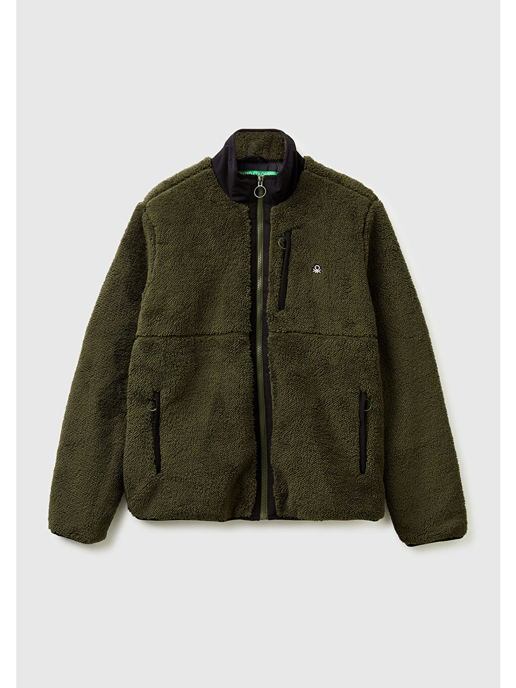 Erkek Haki  Önü Logo İşlemeli Cep Detaylı Dik Yaka Polar Ceket Mont