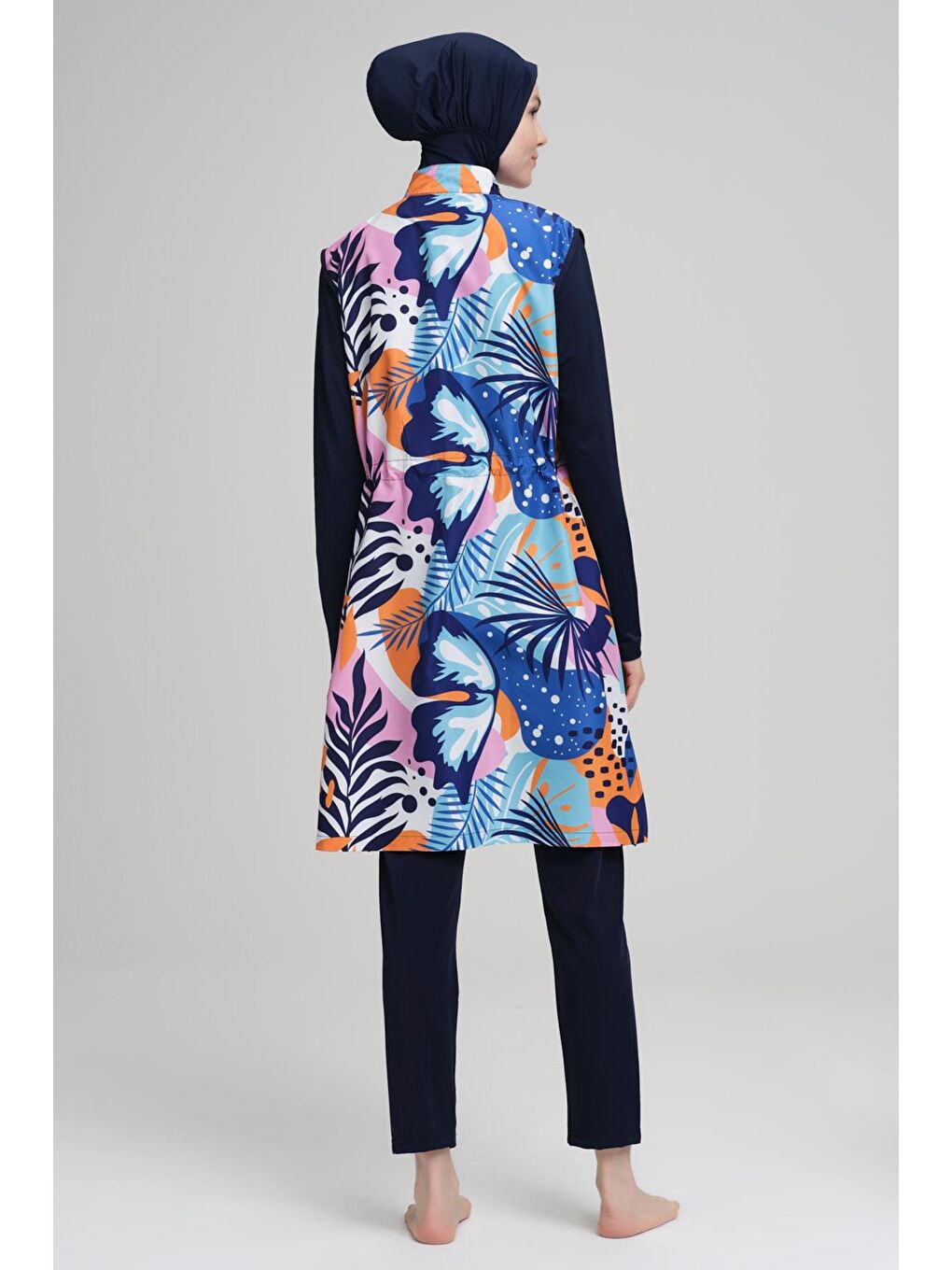 Renkli Desenli Lacivert Jileli 3 Parça Tam Tesettür Mayo Takımı 2219-1