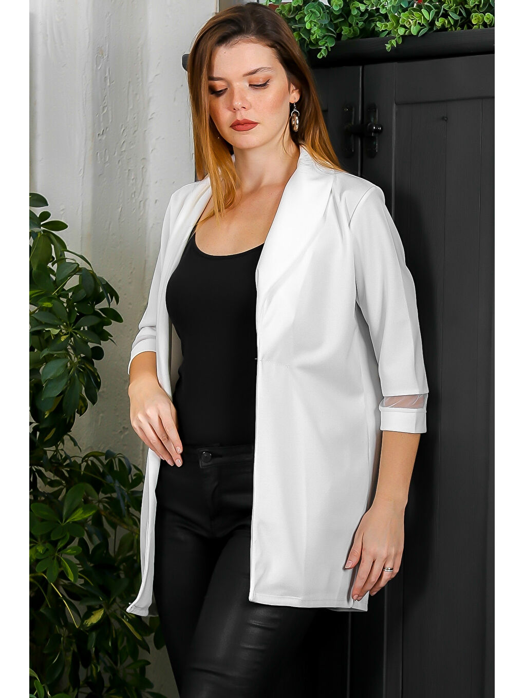 Beyaz Şal Yaka 3/4 Kol Kapamasız Meşli Casual Dokuma Ceket-3