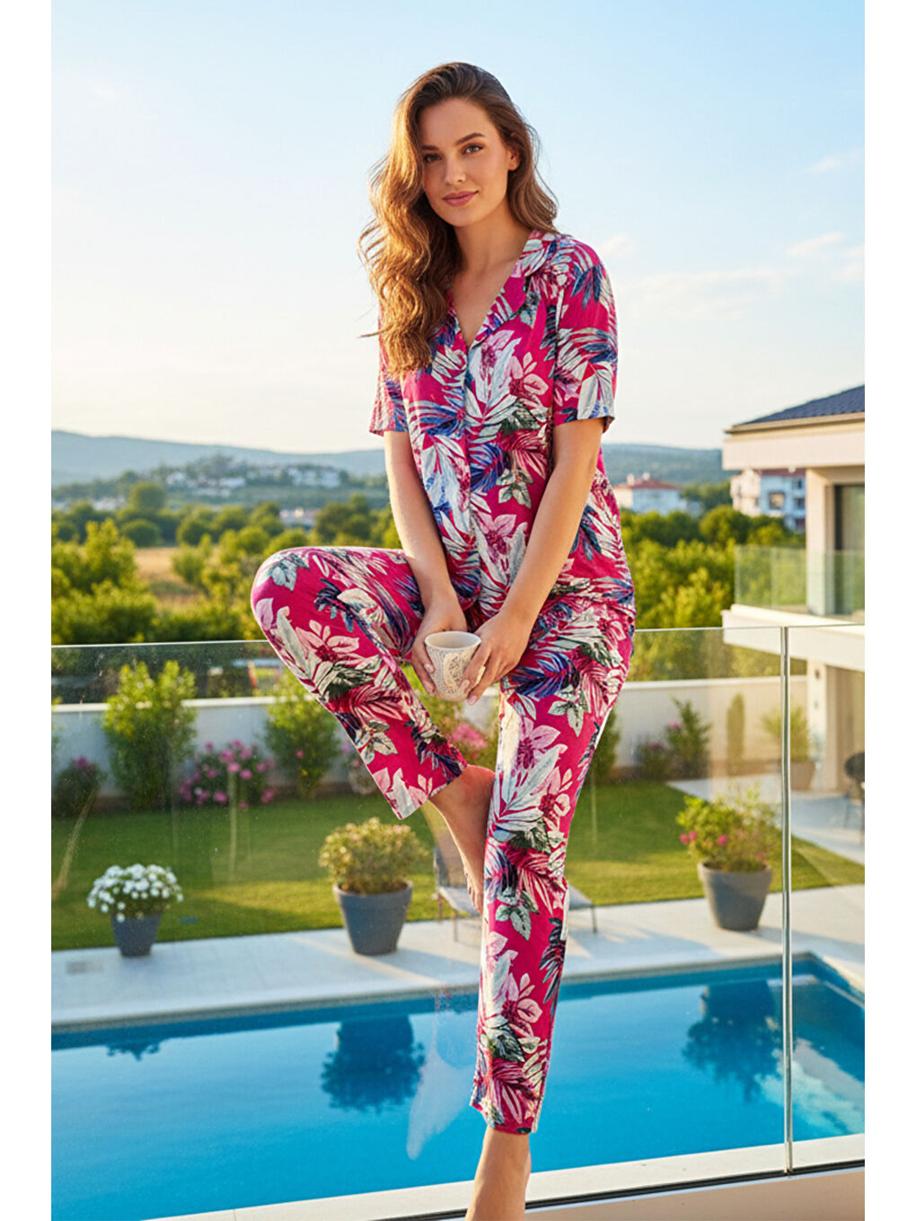 Kadın Desenli Kısa Kol Elastanlı Viskon Pijama Takımı 0266 Fuşya-2