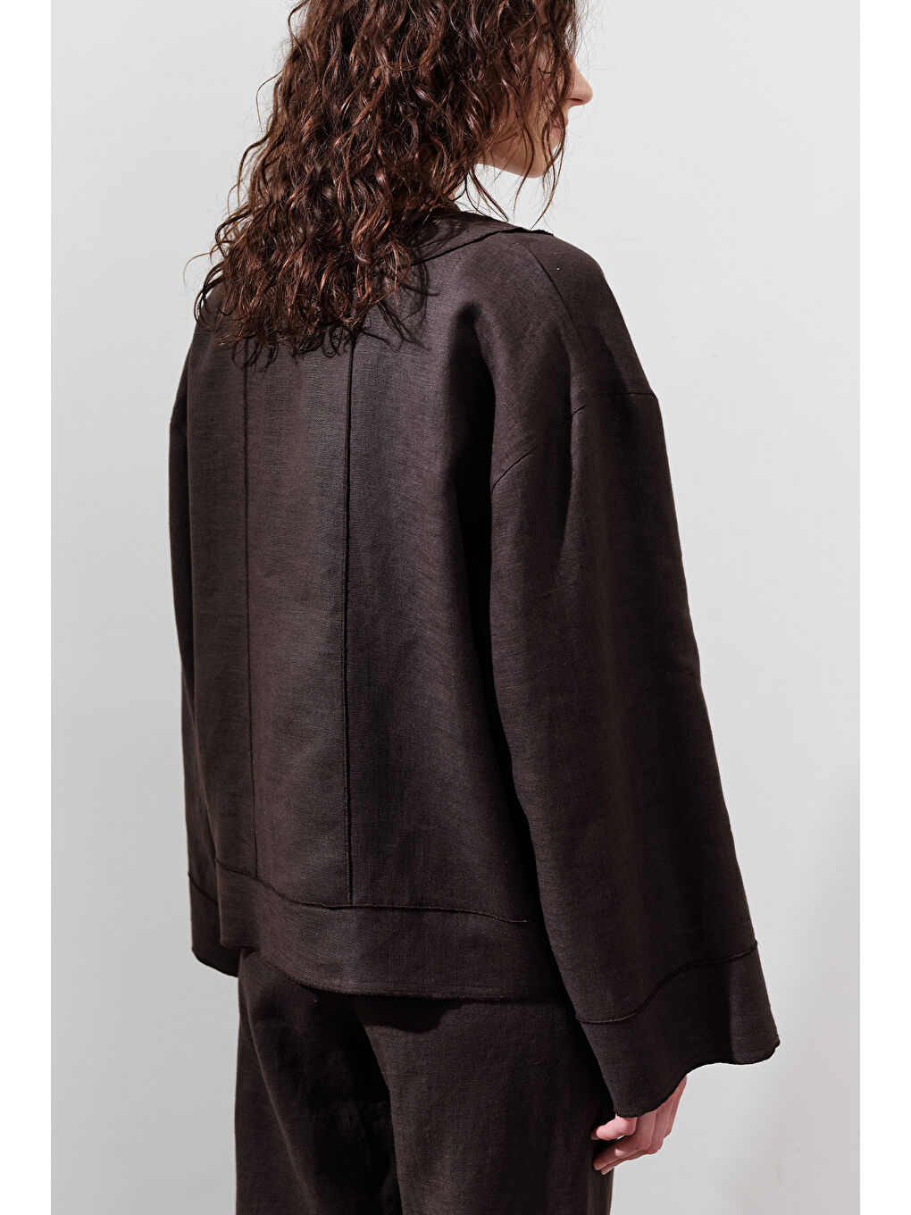 Kahverengi Keten Tek Düğmeli Bluz Acı Kahve-4