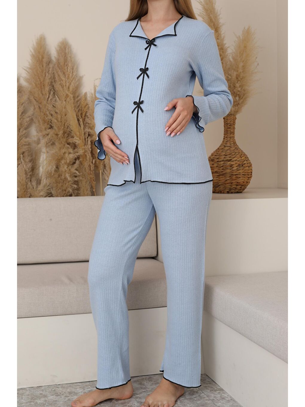 Bebek Mavisi Hamile ve Lohusa Uzun Kollu Yumoş Kumaş Fiyonklu Bel Ayarlı Pijama Takımı-3