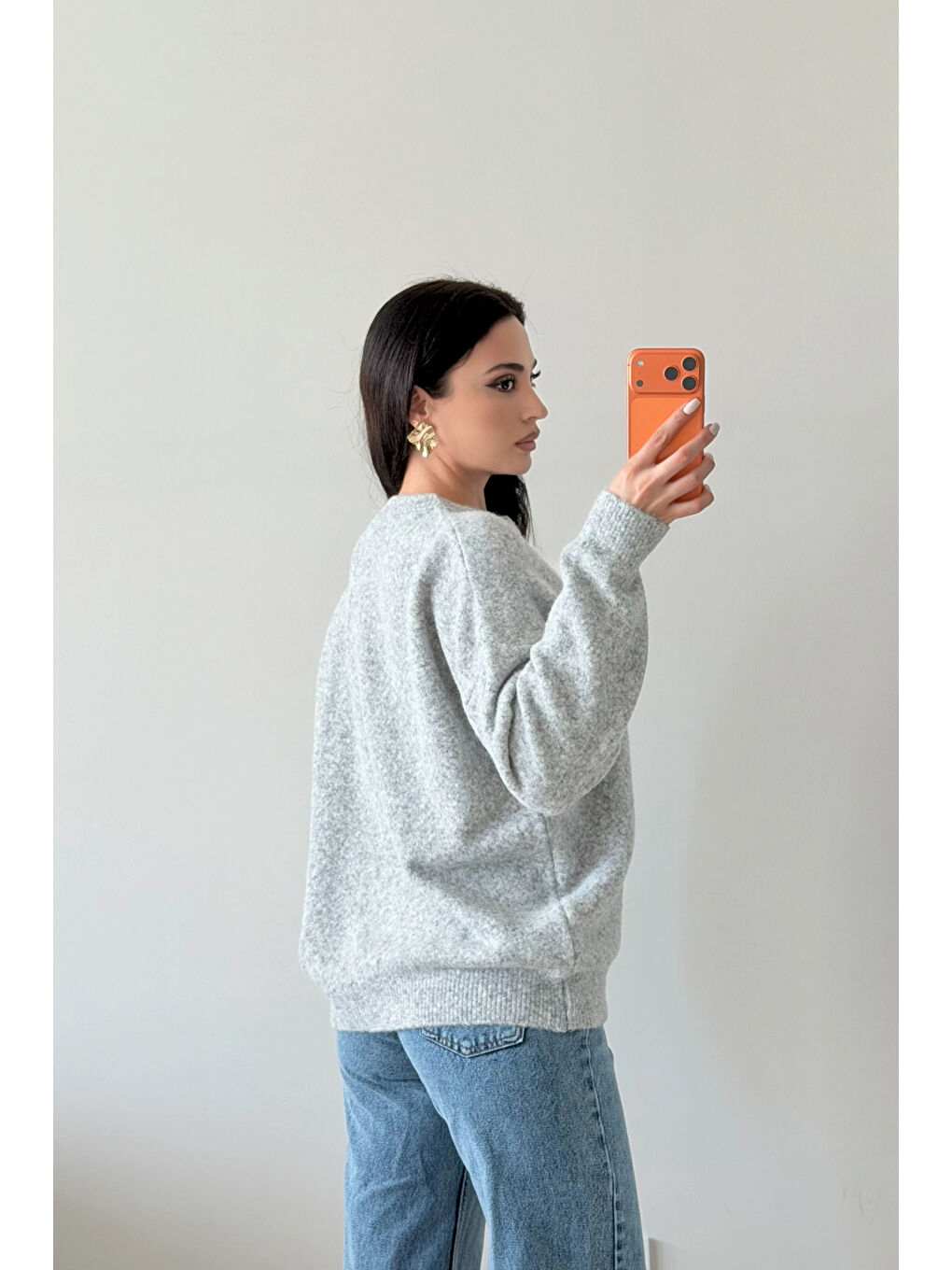 Kadın Gri Düğmeli Açık Yaka Kazak 1014-2464-3