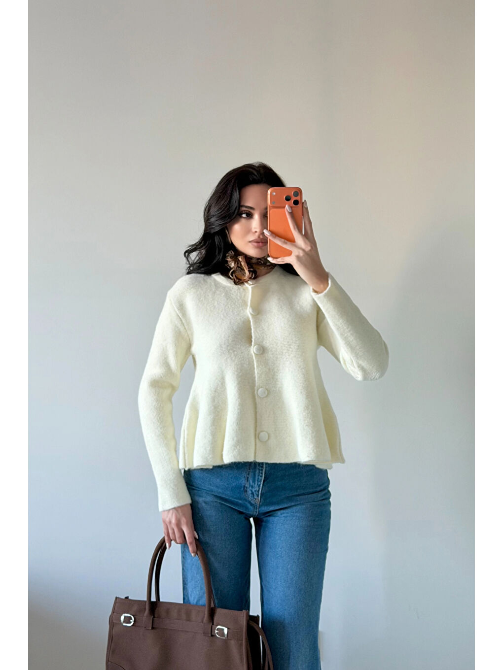 Kadın Ekru Eteği Volanlı Triko Hırka 1014-2525-1