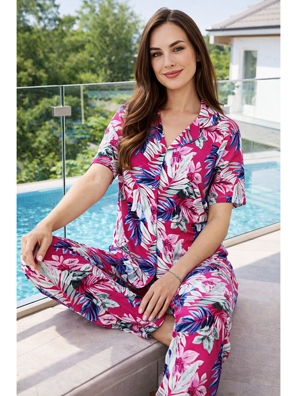 Kadın Desenli Kısa Kol Elastanlı Viskon Pijama Takımı 0266 Fuşya-3