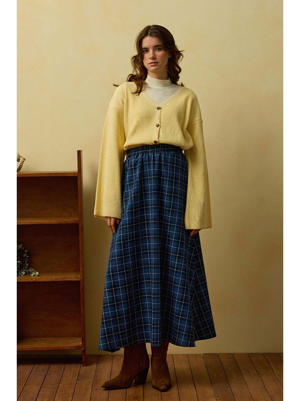 İndigo Ekose Kloş Etek