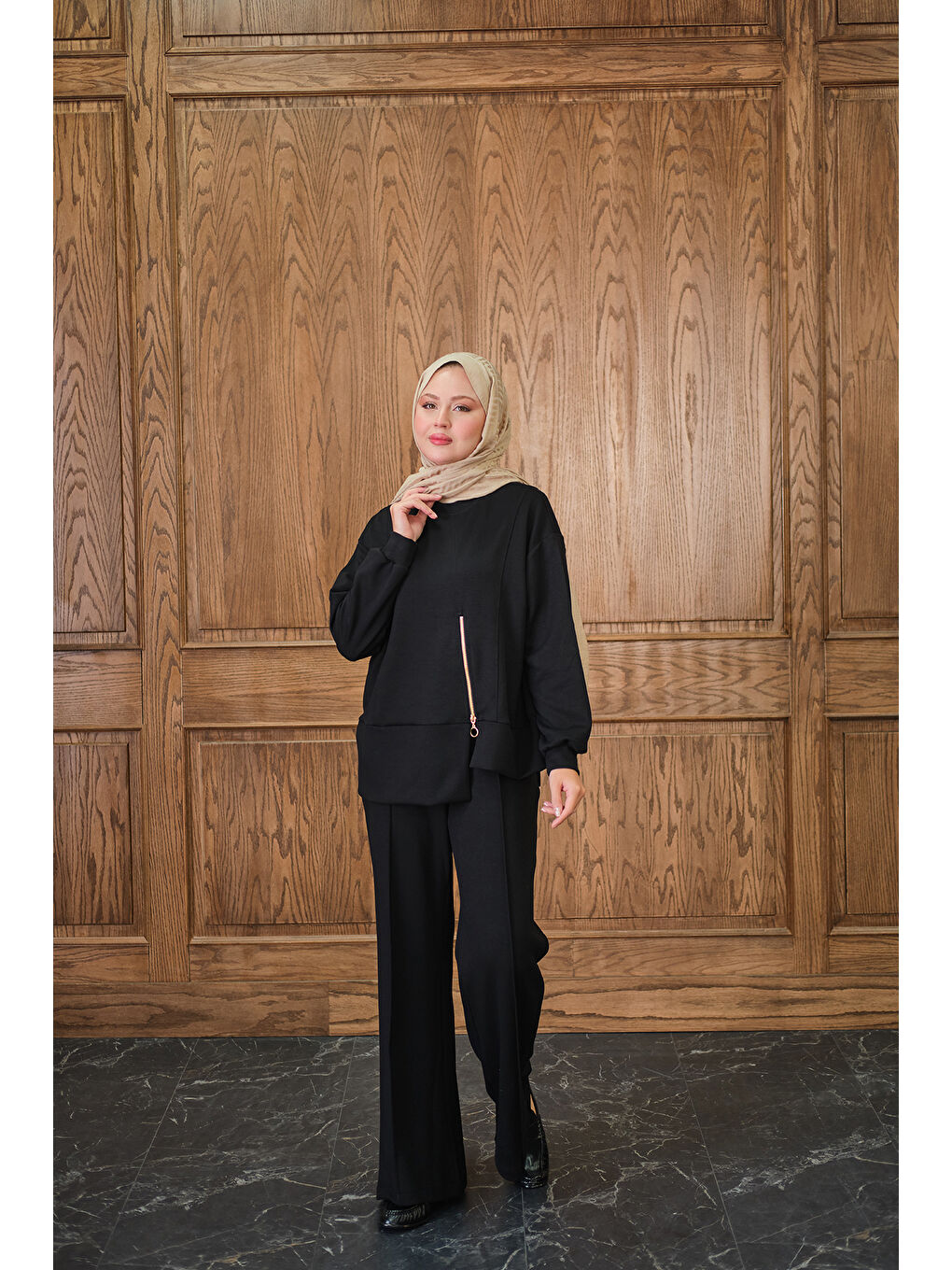 Kadın Fermuar Detay İkili Takım Siyah-3