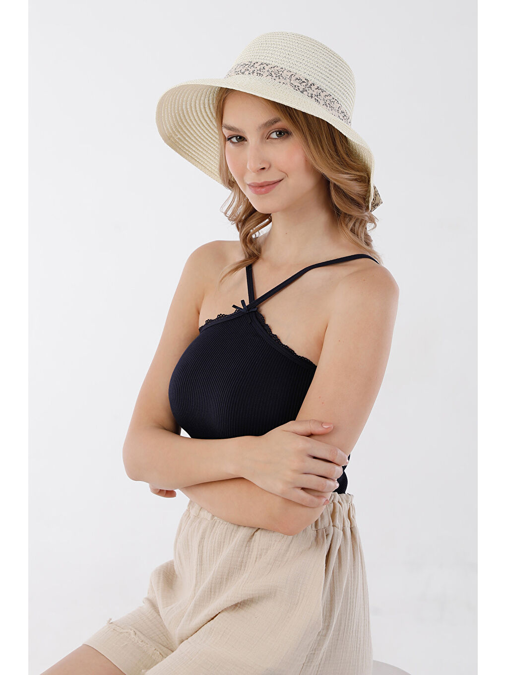 Ekru Kurdeleli Hasır Şapka-3