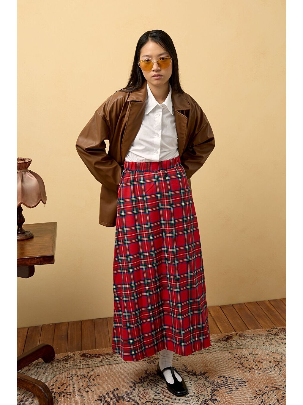 Kırmızı Ekose Kloş Etek-2