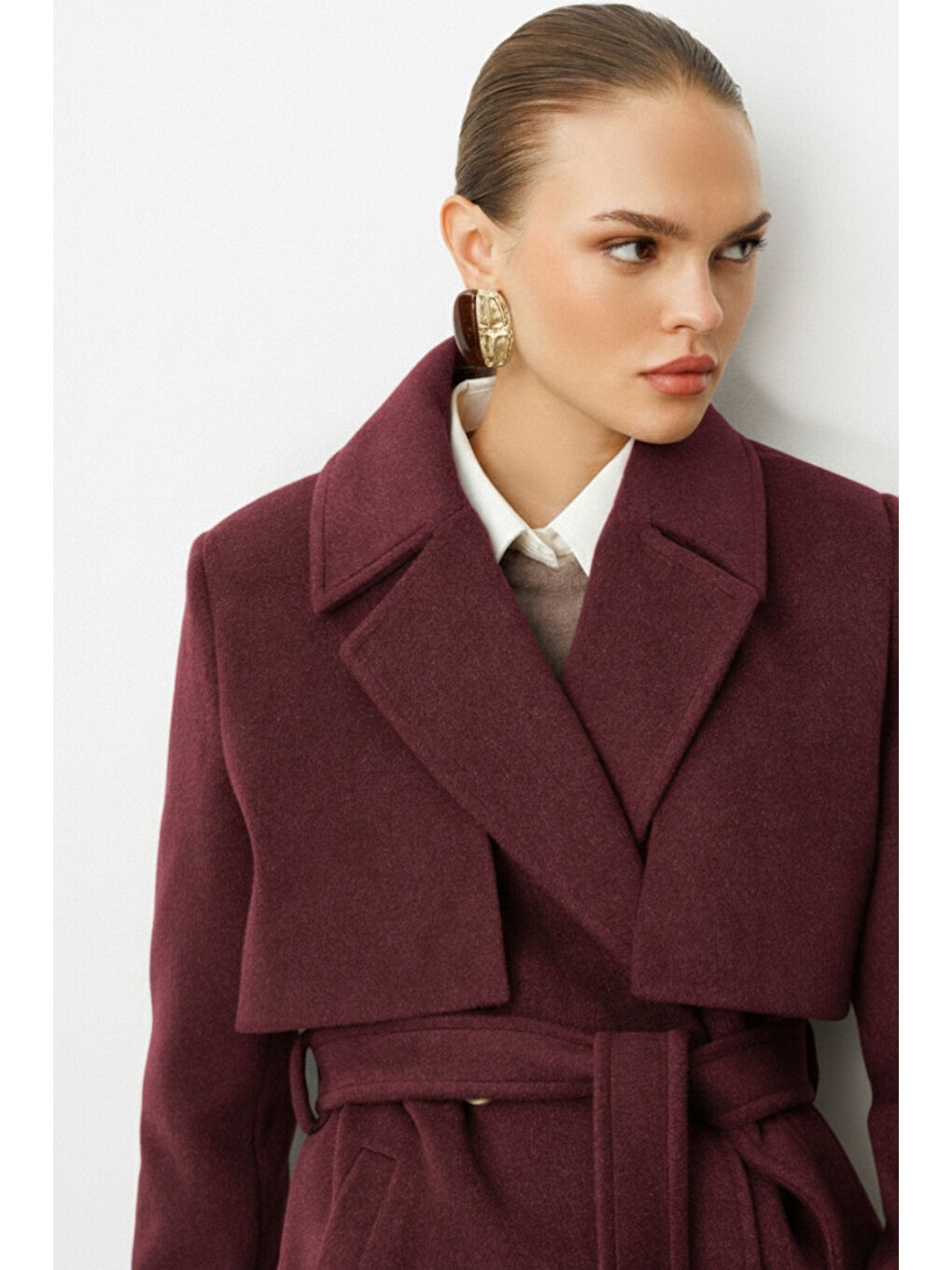 Yünlü Kaşe Dokulu Mürdüm Rengi Uzun Trençkot Kaban-1