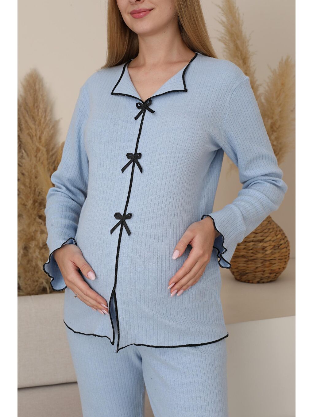 Bebek Mavisi Hamile ve Lohusa Uzun Kollu Yumoş Kumaş Fiyonklu Bel Ayarlı Pijama Takımı-4