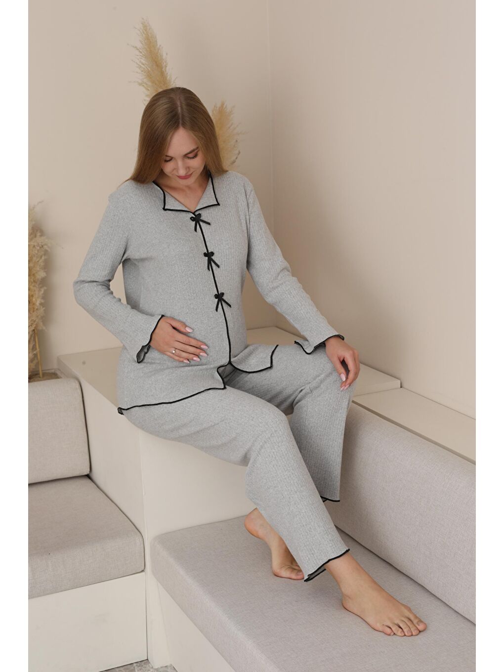 Gri Hamile ve Lohusa Uzun Kollu Yumoş Kumaş Fiyonklu Bel Ayarlı Pijama Takımı-3