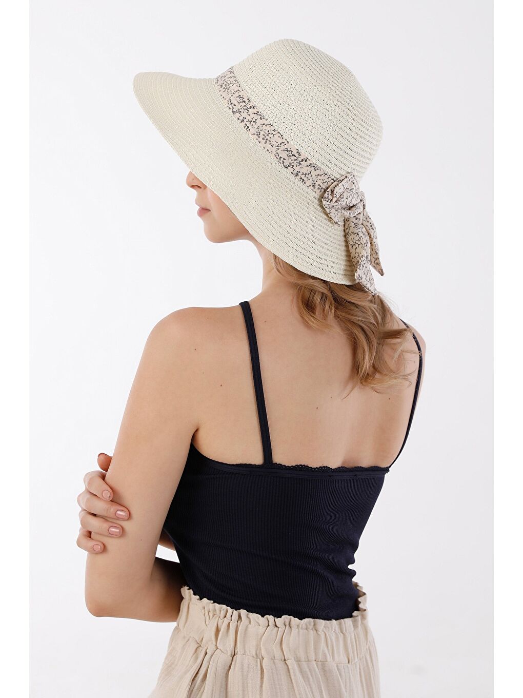 Ekru Kurdeleli Hasır Şapka-4