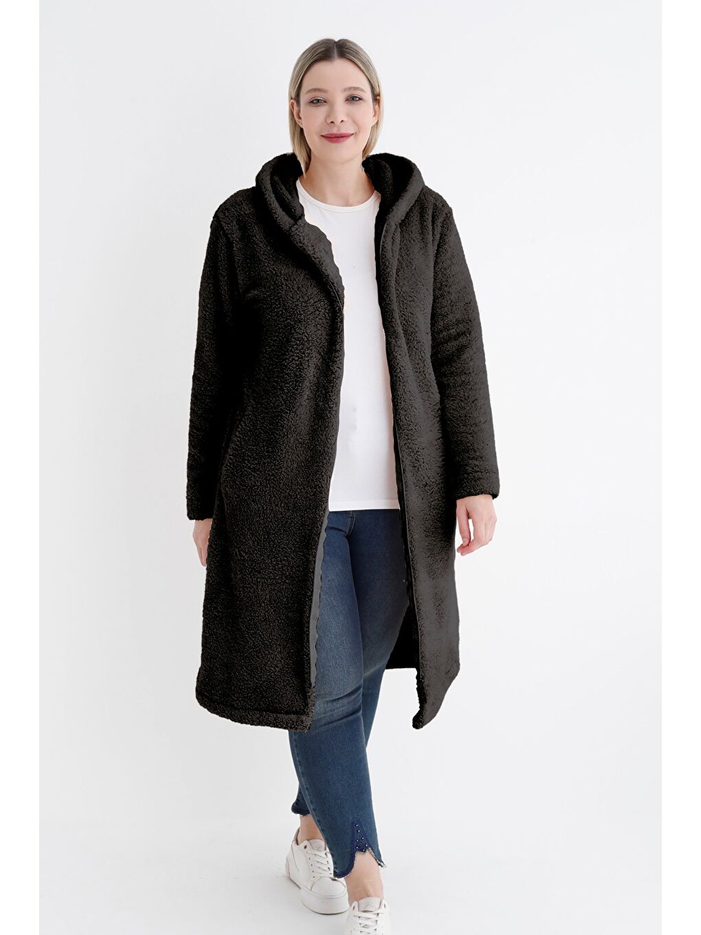 Siyah Kadın büyük beden uzun kollu cepli Kapüşonlu Pelüş uzun hırka-1