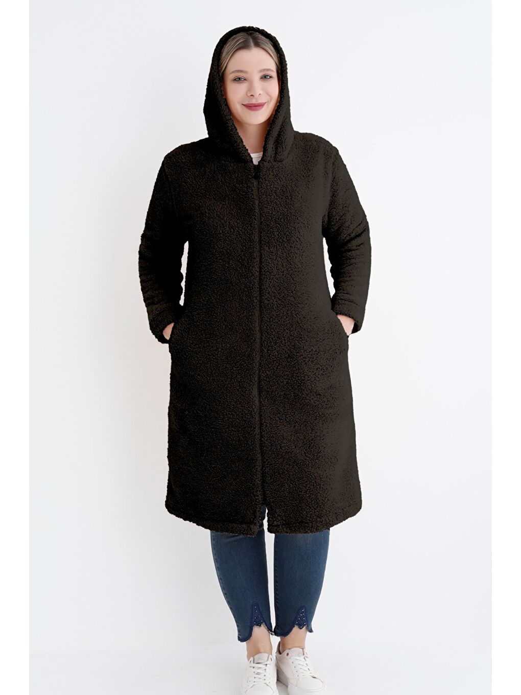 Siyah Kadın büyük beden uzun kollu cepli Kapüşonlu Pelüş uzun hırka-2