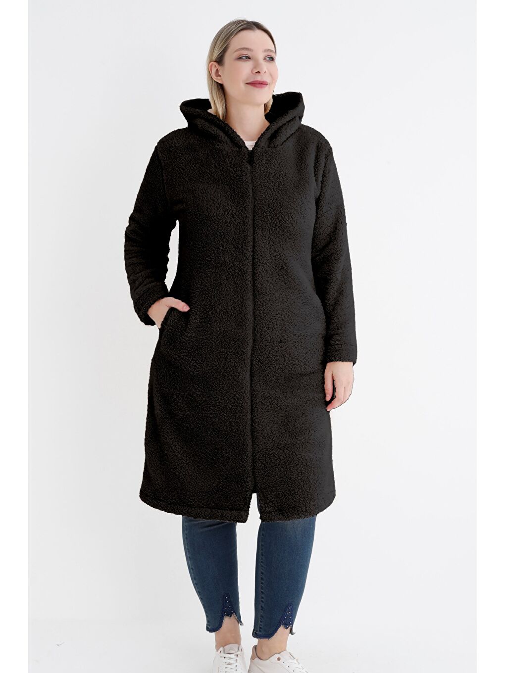 Siyah Kadın büyük beden uzun kollu cepli Kapüşonlu Pelüş uzun hırka-3