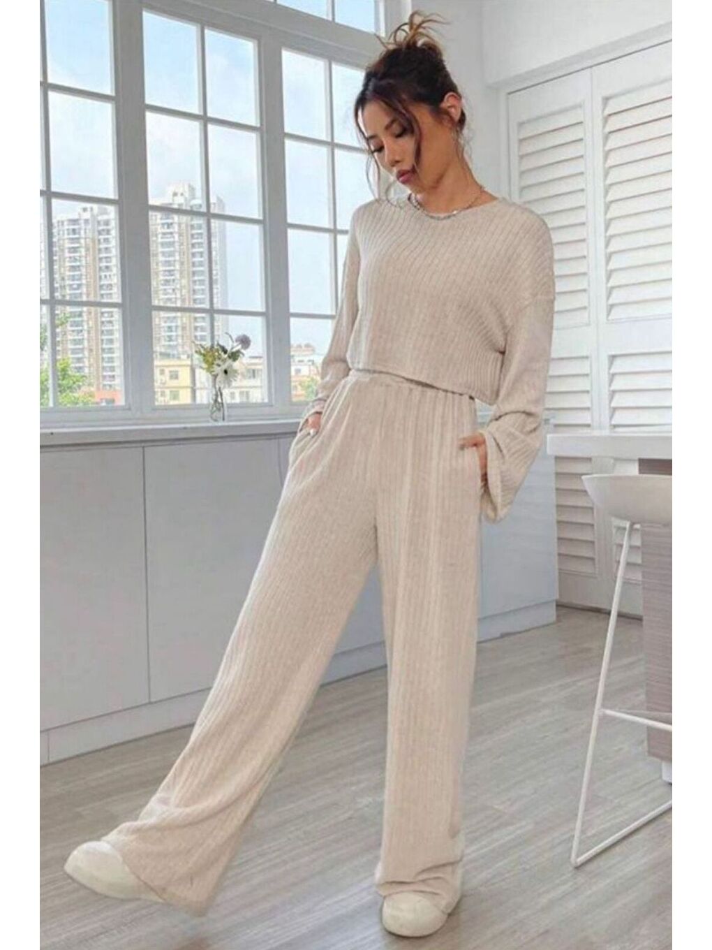 Kadın Bej Fitilli Örme Kumaş Bisiklet Yakalı Crop Sweatshirt Bol Kesim Rahat Eşofman Takım-2