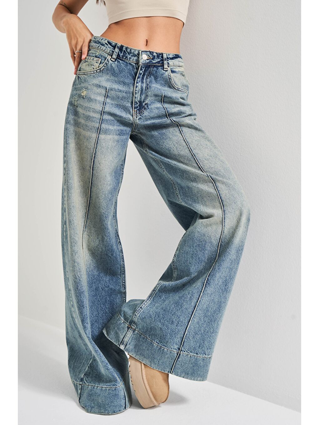 Mavi Kadın T Jean Rengi 12S5 65 Süper Palazzo Fit  100 Pamuk Orta Bel Denim Jean-4