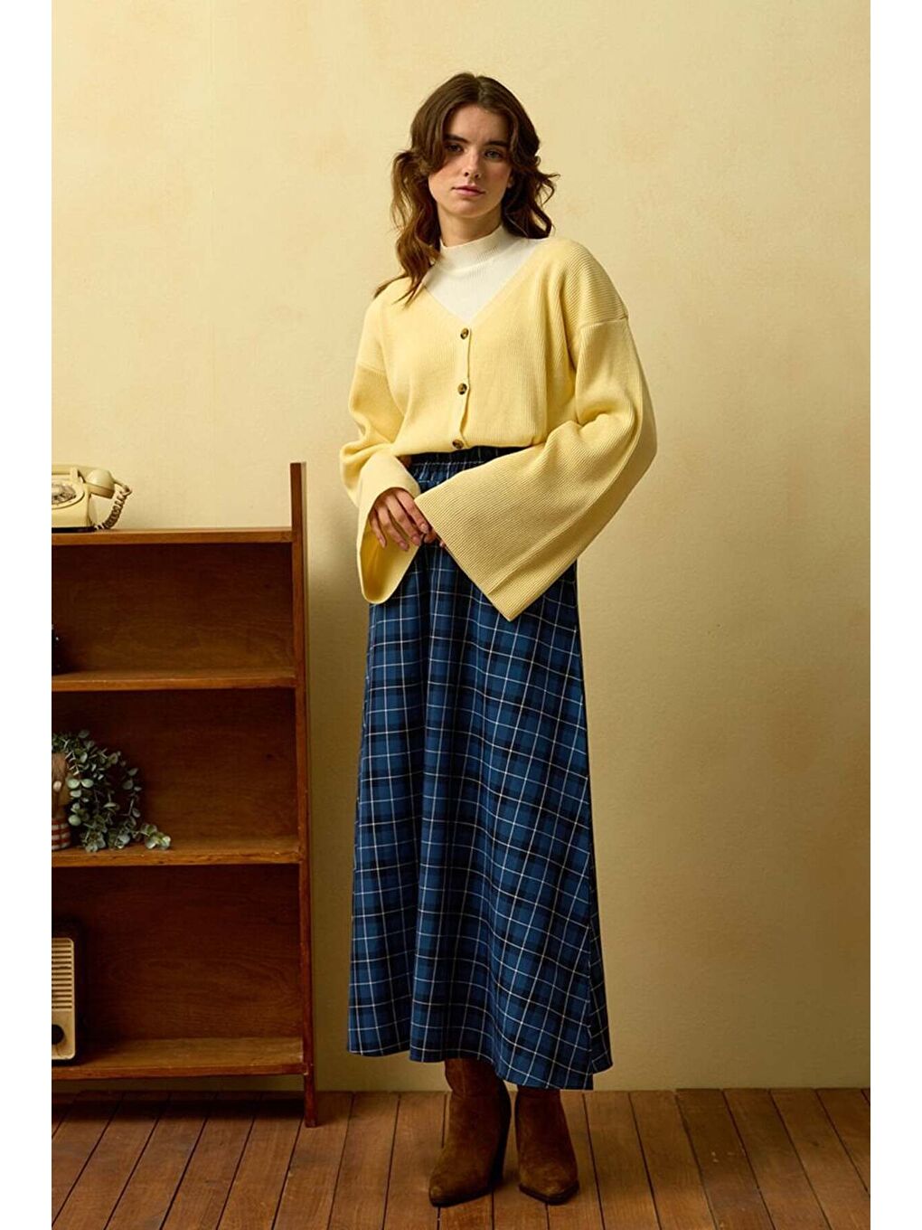 İndigo Ekose Kloş Etek-1