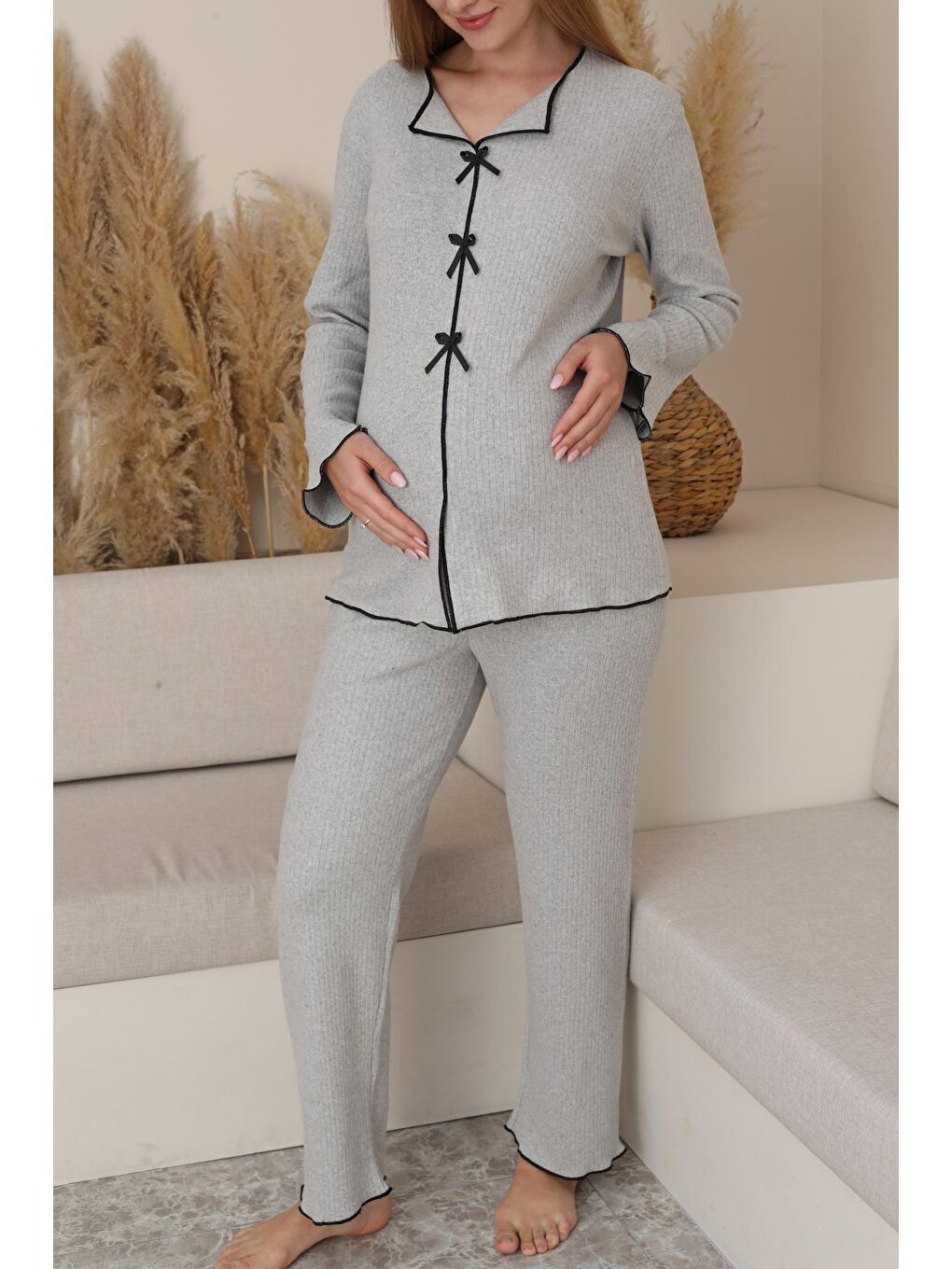 Gri Hamile ve Lohusa Uzun Kollu Yumoş Kumaş Fiyonklu Bel Ayarlı Pijama Takımı-4