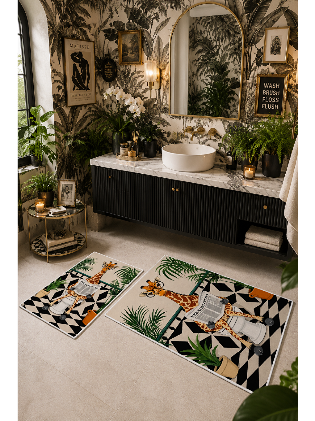 Bej Yeşil Gazete Okuyan Zürafa Desenli Banyo Paspası 2’li Set-7