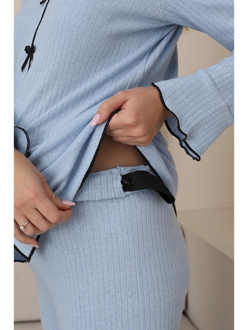 Bebek Mavisi Hamile ve Lohusa Uzun Kollu Yumoş Kumaş Fiyonklu Bel Ayarlı Pijama Takımı-5