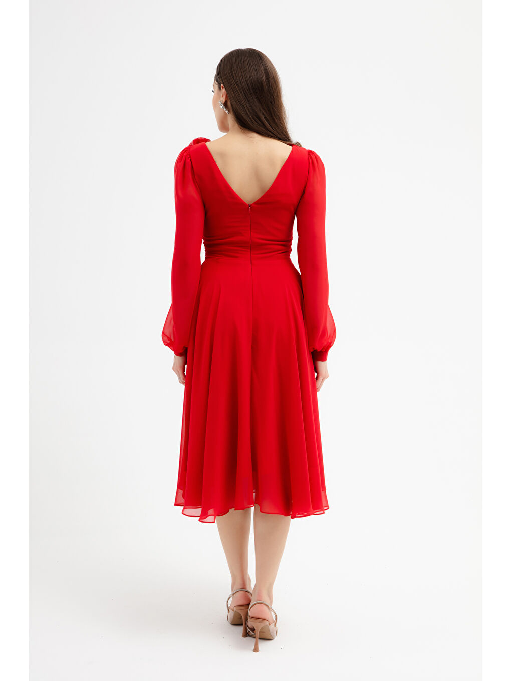 Kadın Kırmızı Çiçek Detaylı Midi Abiye Elbise-4