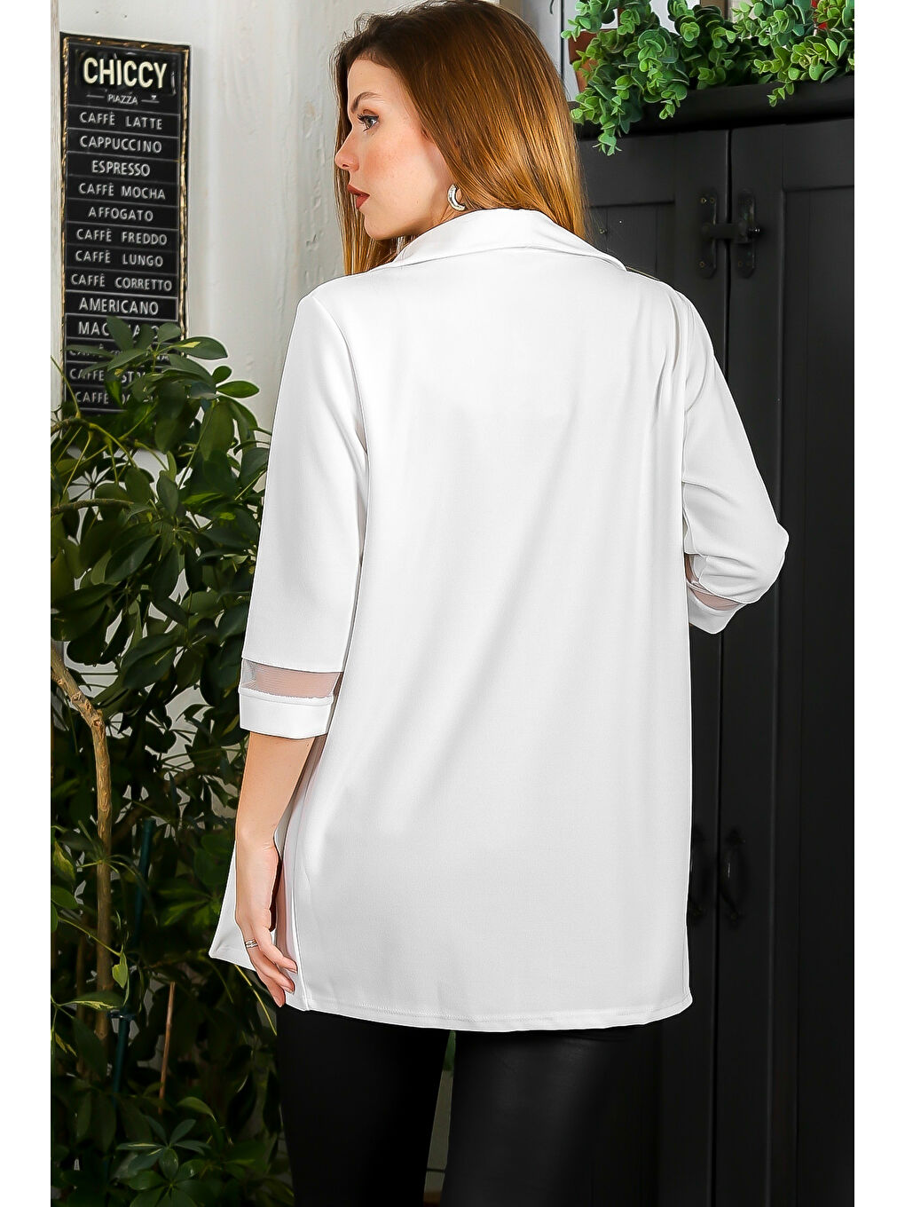 Beyaz Şal Yaka 3/4 Kol Kapamasız Meşli Casual Dokuma Ceket-7