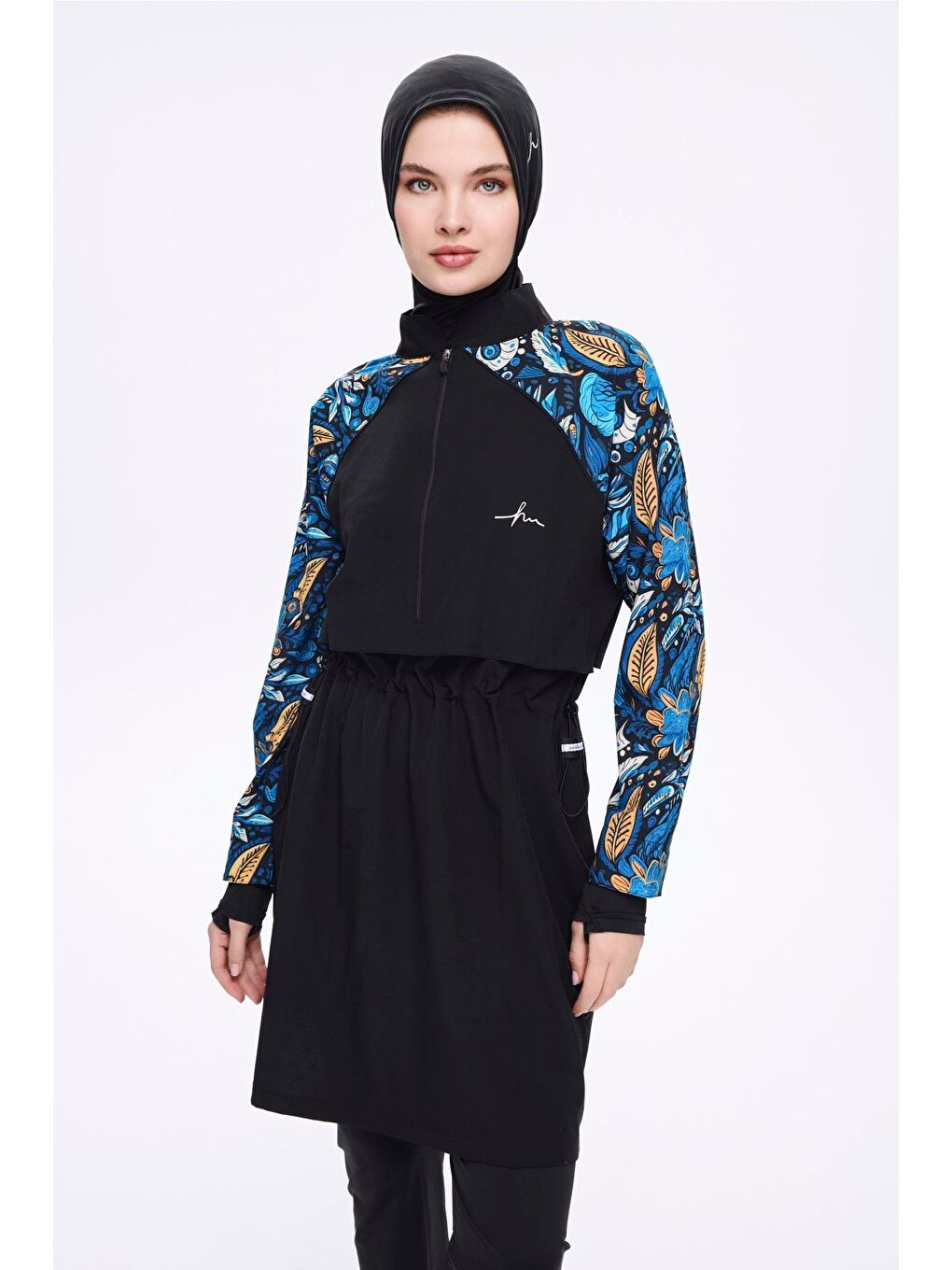 Kolları Floral Desenli Siyah 5 Parça Tam Tesettür Mayo Takımı 5015-1