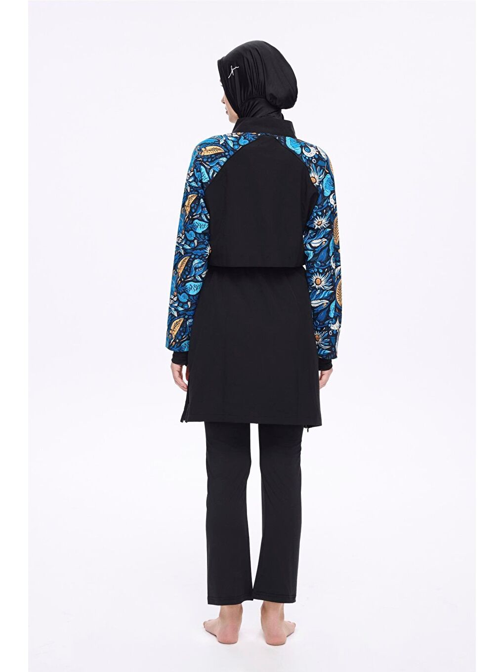 Kolları Floral Desenli Siyah 5 Parça Tam Tesettür Mayo Takımı 5015-2