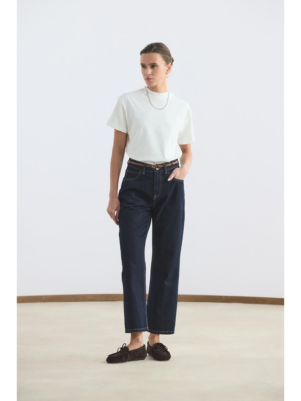 Yüksek Bel Düz Paça Jean Pantolon Koyu Mavi-2