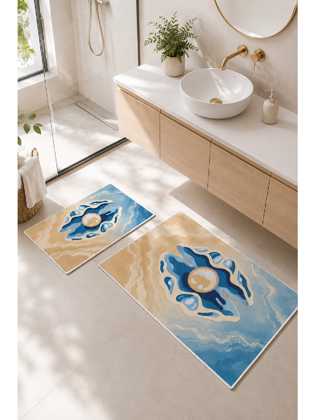 Bej Mavi Nazar Desenli Kaymaz Taban Banyo Paspası 2’li Set-7
