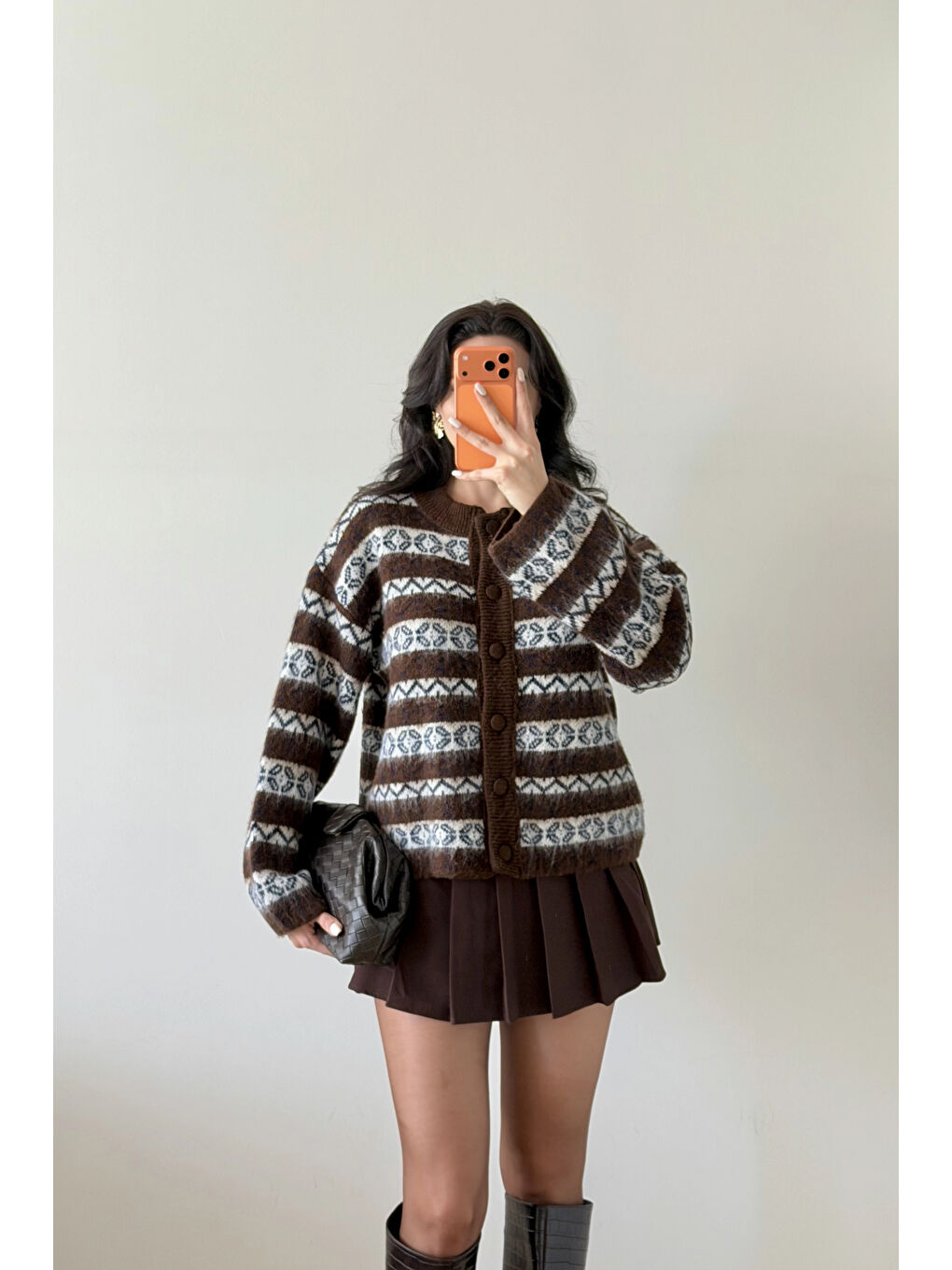 Kahverengi Kadın Kahve Etnik Desen Oversize Hırka 1014-2566-1