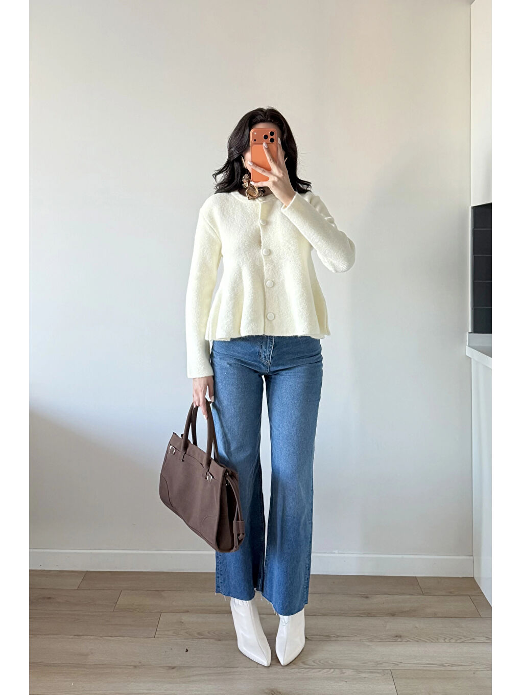 Kadın Ekru Eteği Volanlı Triko Hırka 1014-2525-3