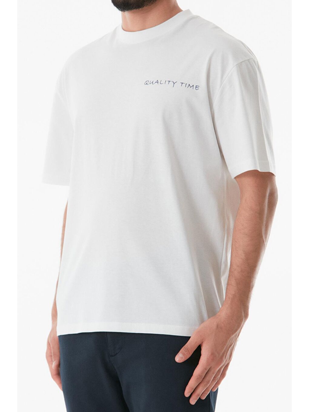 Ekru Bisiklet Yaka Yazı Baskılı Erkek Tişört-4