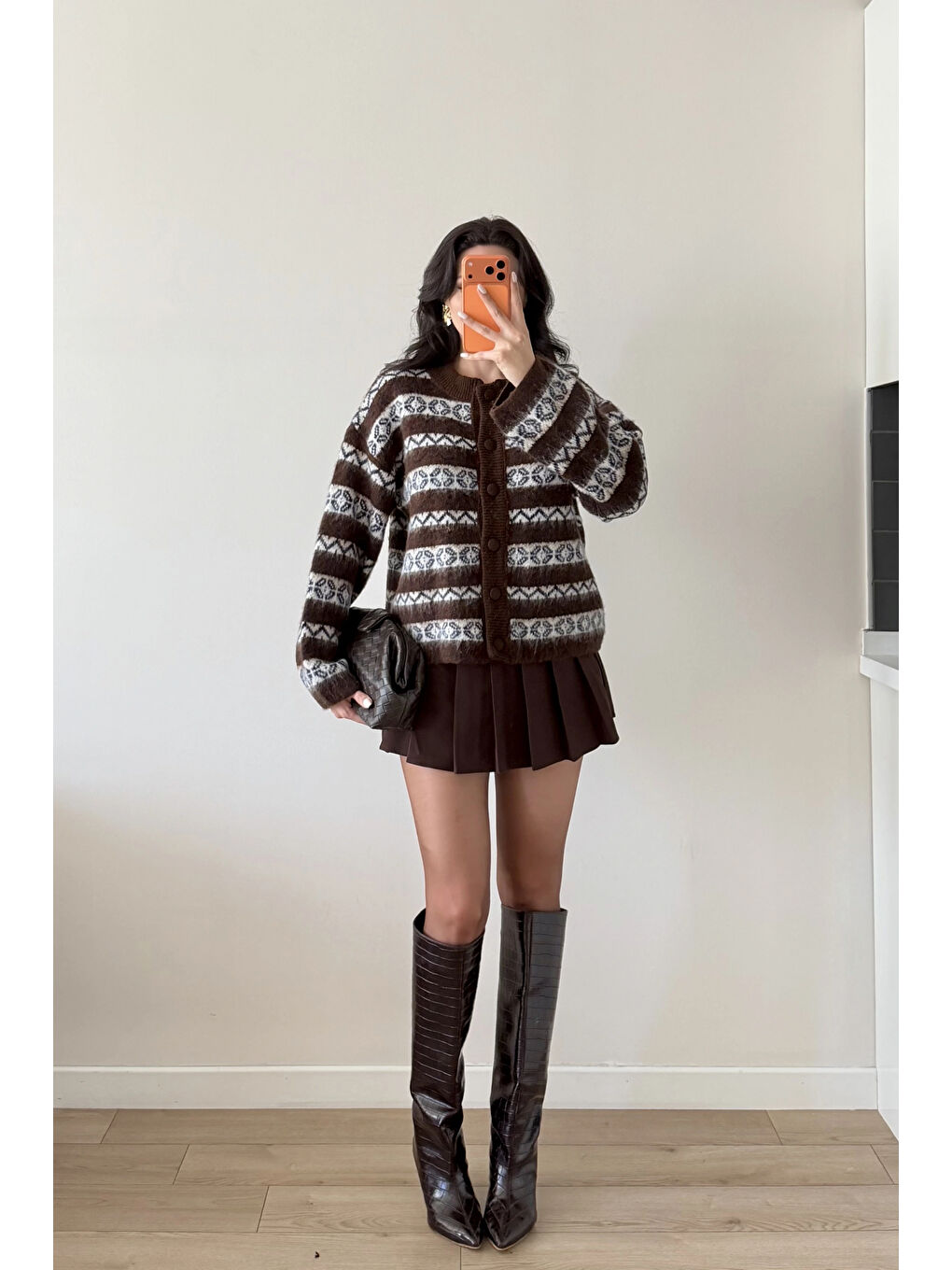 Kahverengi Kadın Kahve Etnik Desen Oversize Hırka 1014-2566-2