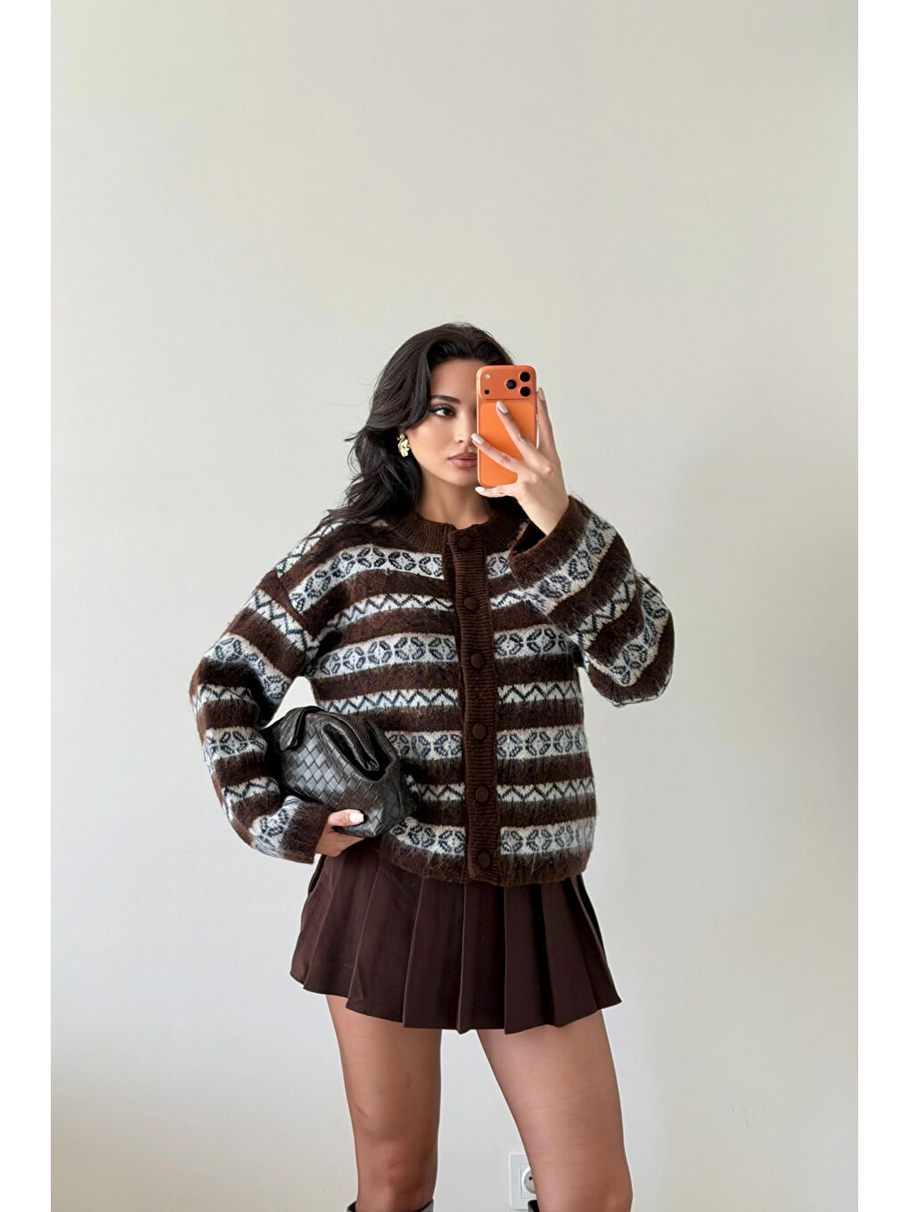 Kahverengi Kadın Kahve Etnik Desen Oversize Hırka 1014-2566-3