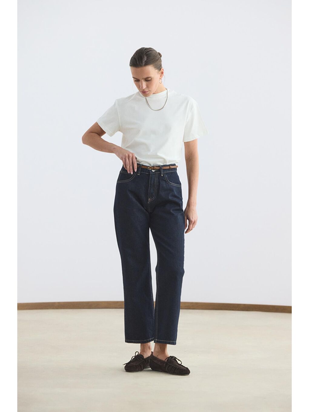 Yüksek Bel Düz Paça Jean Pantolon Koyu Mavi-4