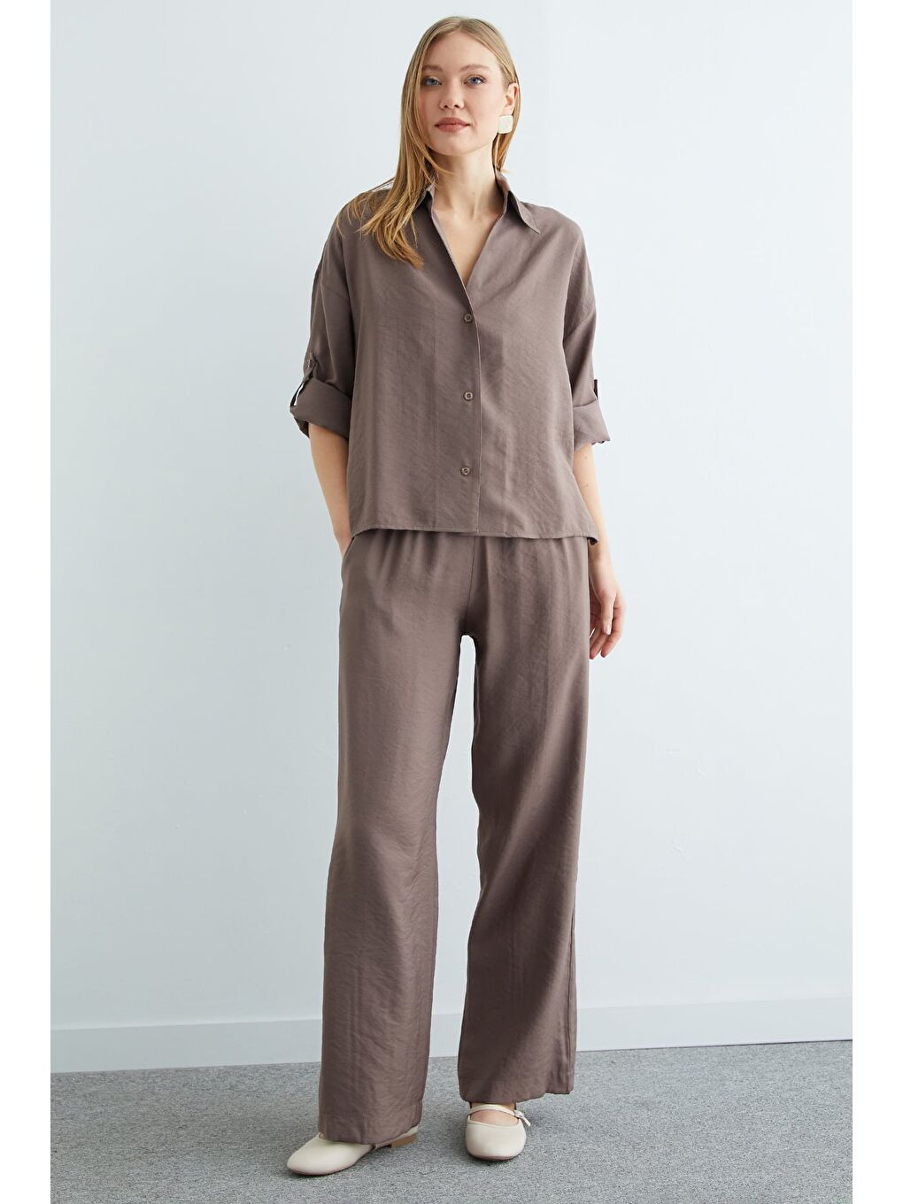 Kahverengi Düğmeli Beli Lastikli Kapri Kol 2 Li Takım