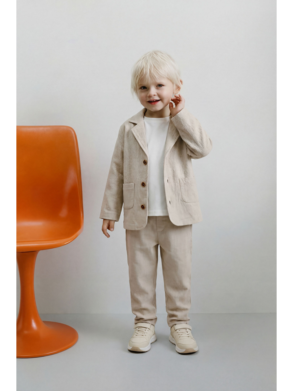 Ekru Erkek Çocuk Pamuklu Bej Klasik Ceket Takım - Blazer Ceket & Pantolon + 3'Lü T-Shirt Set