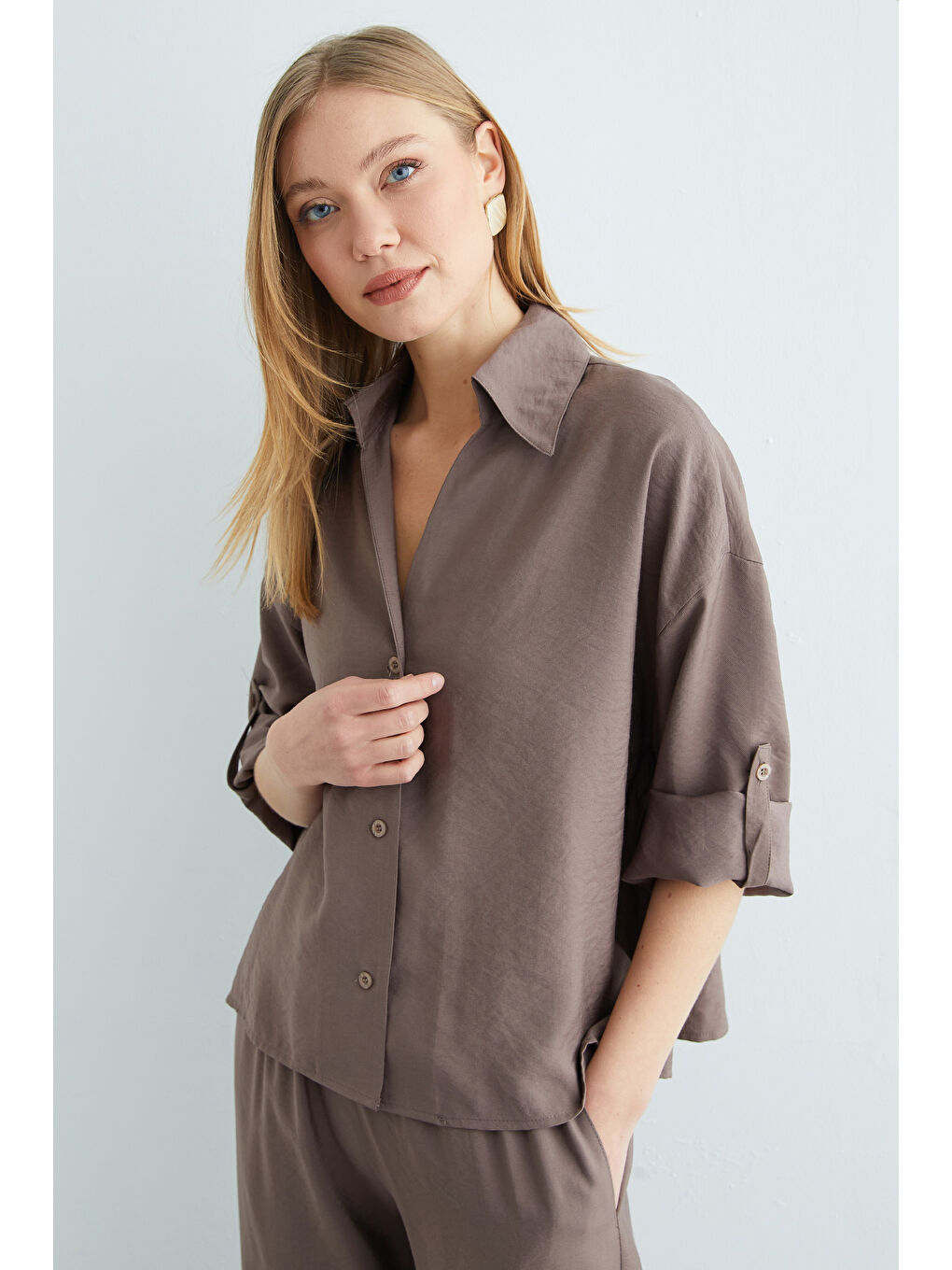 Kahverengi Düğmeli Beli Lastikli Kapri Kol 2 Li Takım-1