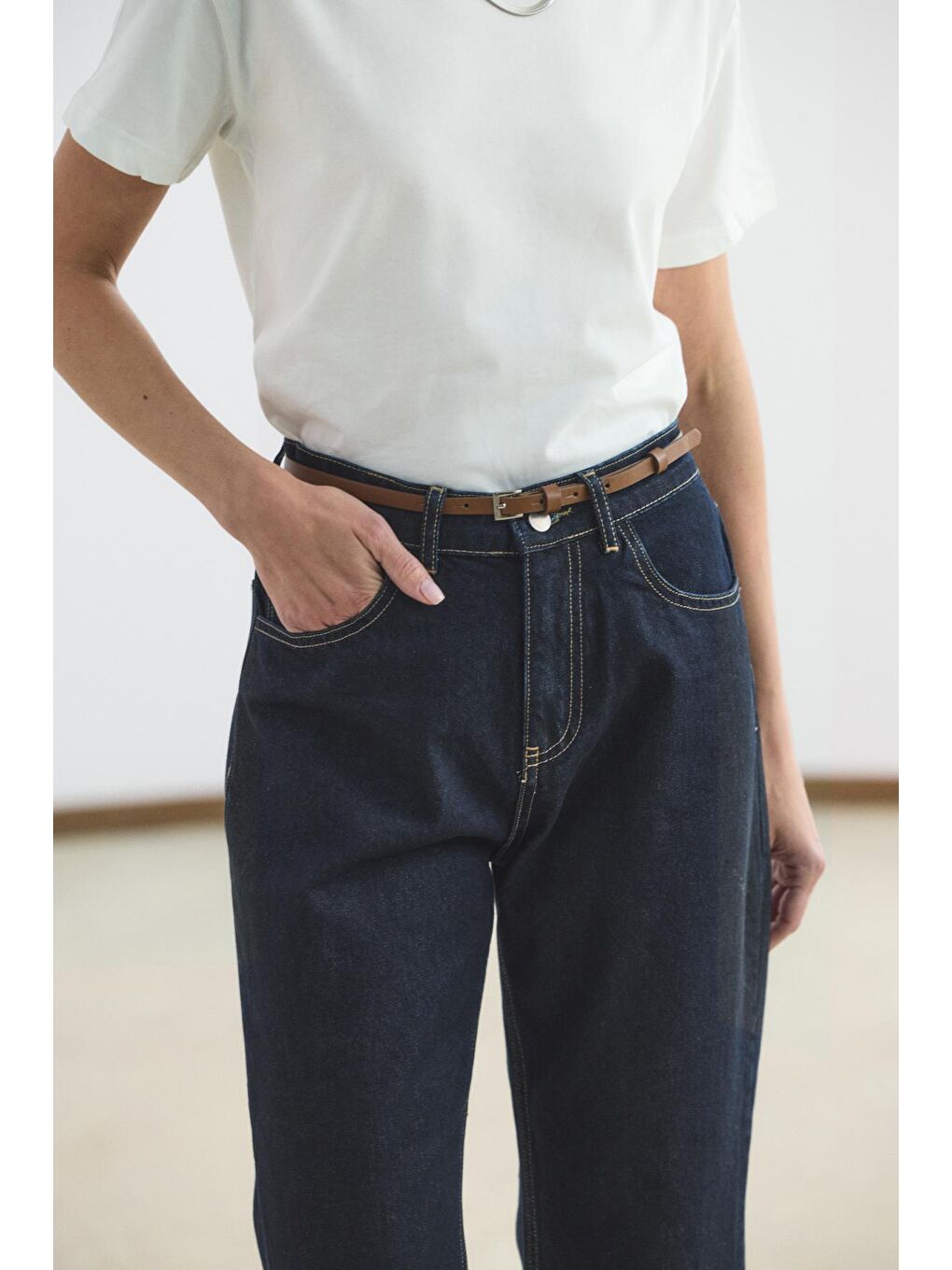 Yüksek Bel Düz Paça Jean Pantolon Koyu Mavi-5