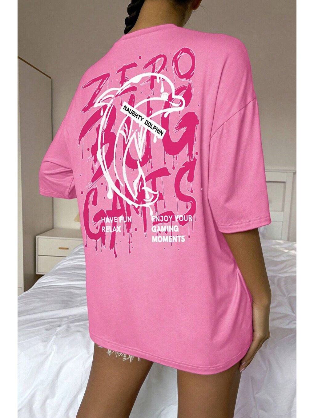 Kadın Pembe Bisiklet Yaka Games Baskılı Oversize T Shirt
