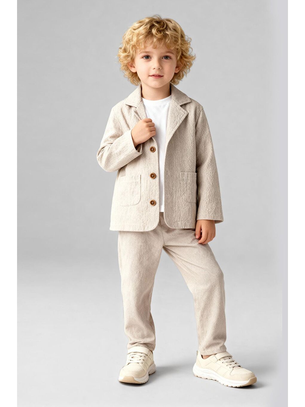 Ekru Erkek Çocuk Pamuklu Bej Klasik Ceket Takım - Blazer Ceket & Pantolon + 3'Lü T-Shirt Set-1