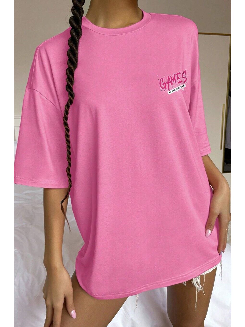 Kadın Pembe Bisiklet Yaka Games Baskılı Oversize T Shirt-1