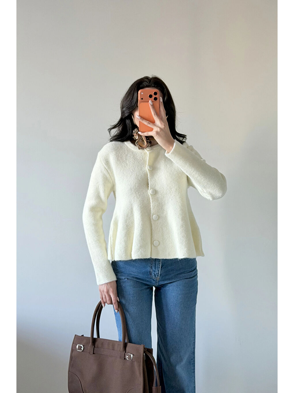 Kadın Ekru Eteği Volanlı Triko Hırka 1014-2525-5